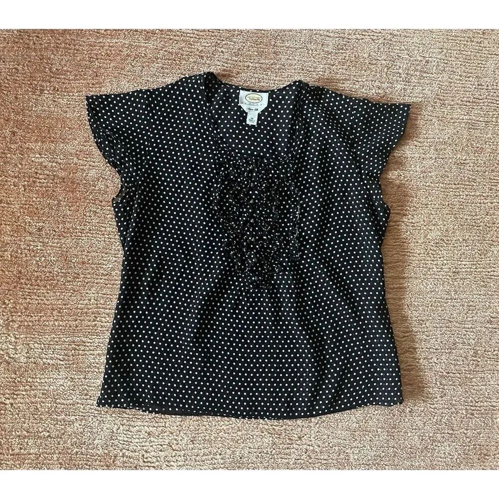 Talbots Woman's Polka Dot Pure Silk Ruffled Front Short Sleeve Size 14 Blouse